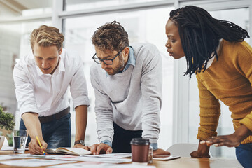 Aufkleber - Business people, brainstorming and paper for discussion in office, teamwork and project planning. Employees, documents and review proposal in workplace, talking and notes for feedback on report