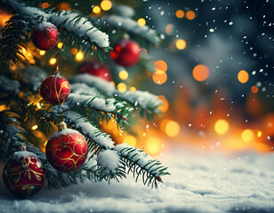 Wall Mural - christmas tree with baubles and blurred shiny lights