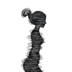 Abstract silhouette of a woman with swirling lines, minimalist design.