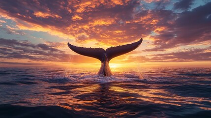 Canvas Print - Majestic whale tail framed by vibrant sunset colors over tranquil sea