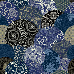 Wall Mural - japanese style traditional floral fabric patchwork wallpaper abstract vintage vector seamless patter