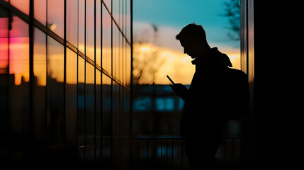 Wall Mural - a silhouette of male figure using mobile phone device