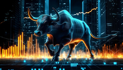 Canvas Print - Futuristic Bull Charging with Confidence Amidst Financial Bar Graphs