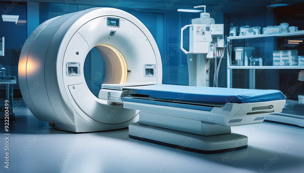 A modern MRI scanner in a medical room equipped with medical supplies ...