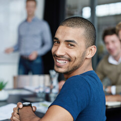 Canvas Print - Happy, workshop and man in presentation, portrait and project management for business in office. Face, learning and meeting in startup company for planning, training or employee skills development