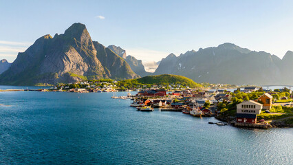 Wall Mural - aerial view of the picturesque reine village in lofoten, norway during a beautiful sunrise