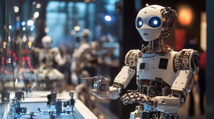 Fototapete - A humanoid robot with glowing eyes interacts with display items in a technology exhibition at a museum.