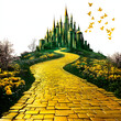 © Daniel - enchanted yellow brick road leading to magical emerald city in springtime , fantasy, oz, magicians isolated on white background, space for captions, png