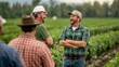 © Intelligent Horizons - Group of farmers in a cooperative meeting gathered in a lush green field discussing strategies and techniques for managing their shared orchard  The men are wearing casual attire