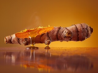 Poster - A minimalist close-up image of a turmeric cross-section with honey dripping over it, against a deep burgundy background. The strong contrast highlights the orange color of the turmeric and the reflect