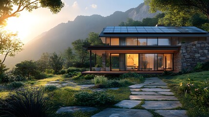 Modern rustic house, bright morning light, expansive glass windows, solar panels on roof, lush garden landscaping, stone pathway, mountain backdrop, clear blue sky, golden sunlight.