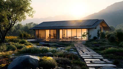 Modern rustic house, bright morning light, expansive glass windows, solar panels on roof, lush garden landscaping, stone pathway, mountain backdrop, clear blue sky, golden sunlight.