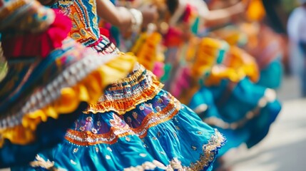 Wall Mural - Enthusiastic dancers in colorful, traditional attire showcase their cultural heritage at a lively outdoor festival.