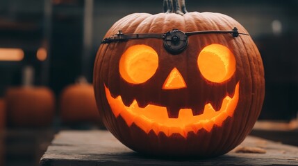 clockwork jack-o'-lanterns, artisans at work, steam-powered tools, vintage goggles, glowing pumpkins