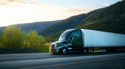 Wall Mural - A large black semi truck on the road