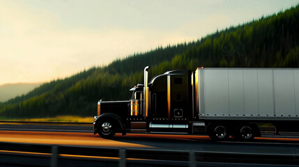 Wall Mural - A large black semi truck on the road