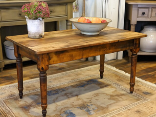 Wall Mural - A wooden coffee table with a bowl of fruit on top of it. The bowl contains apples and oranges. The table is surrounded by a rug and a vase. The scene gives off a warm and inviting atmosphere