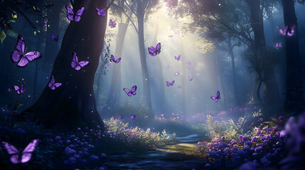 Wall Mural -  a landscape of a fantasy forest with purple butterflies