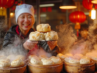 Canvas Print - A woman is holding a tray of food, smiling as she does so. The food appears to be dumplings, and there are several other trays of food in the background. The atmosphere seems to be warm and inviting