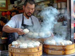 Canvas Print - A man is cooking dumplings in a restaurant. The steam from the dumplings is rising and the man is holding a dumpling in his hand