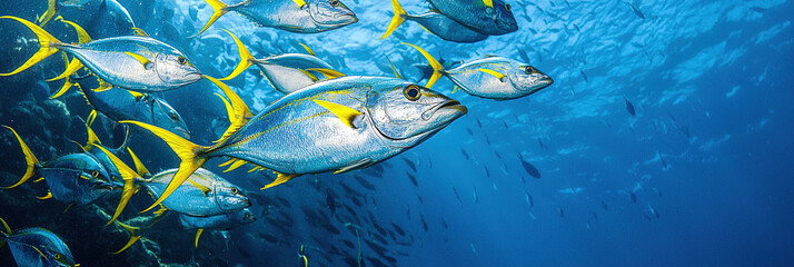 Wall Mural - Shoal of colorful jack fish swimming gracefully in the ocean creating a beautiful underwater copy space