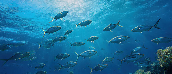 Wall Mural - Shoal of colorful jack fish swimming gracefully in the ocean creating a beautiful underwater copy space