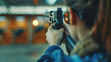 An image of a professional firearm instructor demonstrating proper handling techniques at a shooting range, with a focus on safety gear and instructional materials