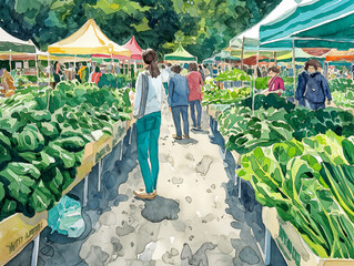 A woman walks down a path in a market with a green tent in the background. The market is filled with fresh vegetables and people are shopping