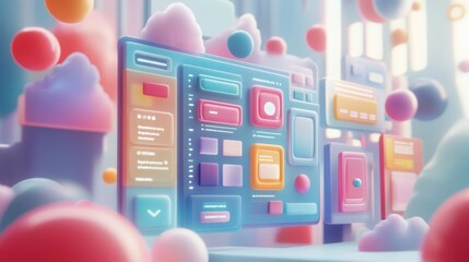 Vibrant digital interface design with colorful buttons and floating elements, showcasing modern technology and user experience.