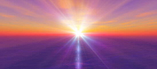 Wall Mural - sunset calmly sea sun ray 3d render illustration