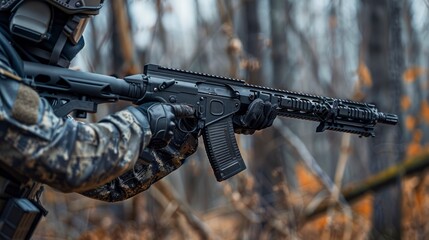 A detailed view of a tactical shotgun with multiple attachments, set up for a training session, with a focus on the advanced features and accessories