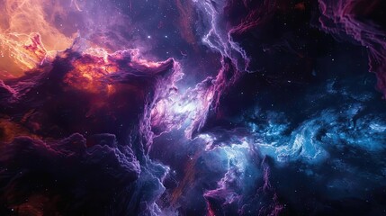 Vivid cosmic nebula with swirling colors of blue, purple, and orange creating an otherworldly atmosphere in deep space.