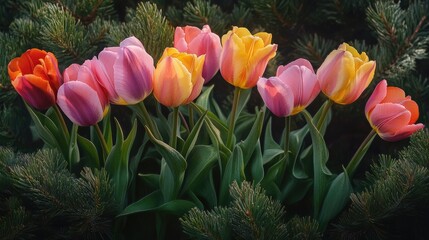 Poster - Close-up of colorful tulips in full bloom, set in a coniferous garden, capturing the essence of springtime beauty and renewal.