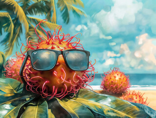 Poster - A fruit with sunglasses on it is sitting on a leaf. Scene is lighthearted and fun