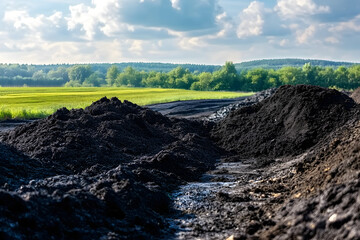 Wall Mural - A biochar production area with piles of organic material in the foreground, and green fields and trees in the background under a blue sky.