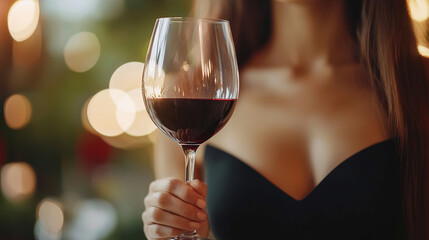 Wall Mural - A glass of red wine in a woman's hand, blurred background