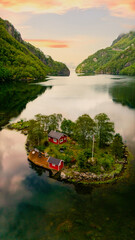 Wall Mural - serene island retreat nestled in norways stunning and breathtaking fjords, captured in a drone view