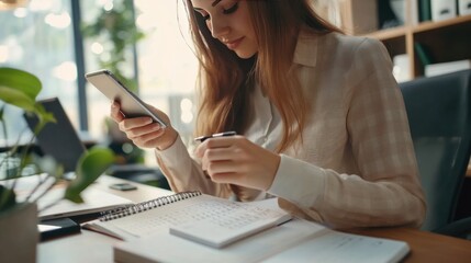 Woman Using Phone and Notebook