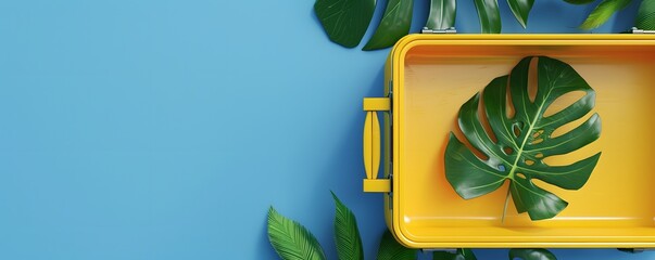 Wall Mural - Yellow Suitcase with Green Monstera Leaf on Blue Background