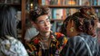 © kanesuan - An LGBTQ+ person attending a book launch or literary event. They are interacting with authors or fellow attendees, with books and literary themes in the background.