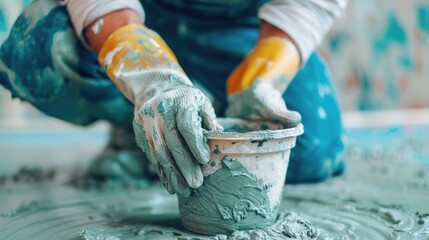 A close up view of a skilled painter s hands carefully applying fresh coats of paint onto a surface