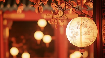 Poster - Softly glowing lanterns light up a peaceful courtyard surrounded by vibrant foliage, creating a warm evening ambiance.