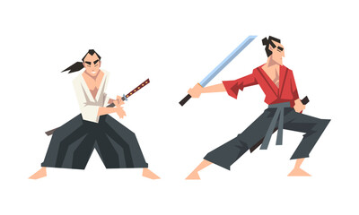 Canvas Print - Samurai warriors in action set. Asian fighters fighting with katana sword cartoon vector illustration