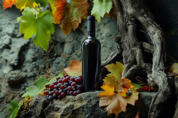 Wine Bottle with Grapes and Autumn Leaves