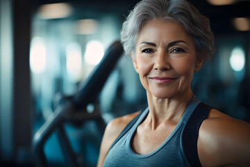 Canvas Print - Portrait of senior woman working out gym fitness, fitness concept. Senior healthy lifestyle with fitness gym and healthy life middle aged woman