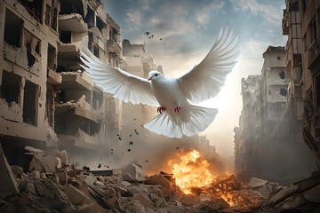 Wall Mural - A white peace dove flying through a city war zone during a conflict