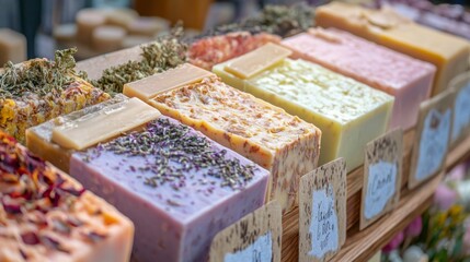 Poster - A variety of handmade soaps in pastel colors are lined up on wooden shelves, attracting customers at a vibrant spring market.
