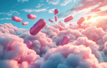 Wall Mural - Pink pills on the clouds created with Generative AI technologyu