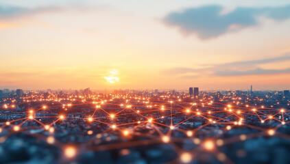 Wall Mural - Global map showcasing glowing connections between cities at sunset, symbolizing communication and connectivity in an urban environment