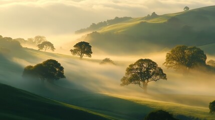 Wall Mural - Morning sunlight illuminating rolling hills with foggy trees